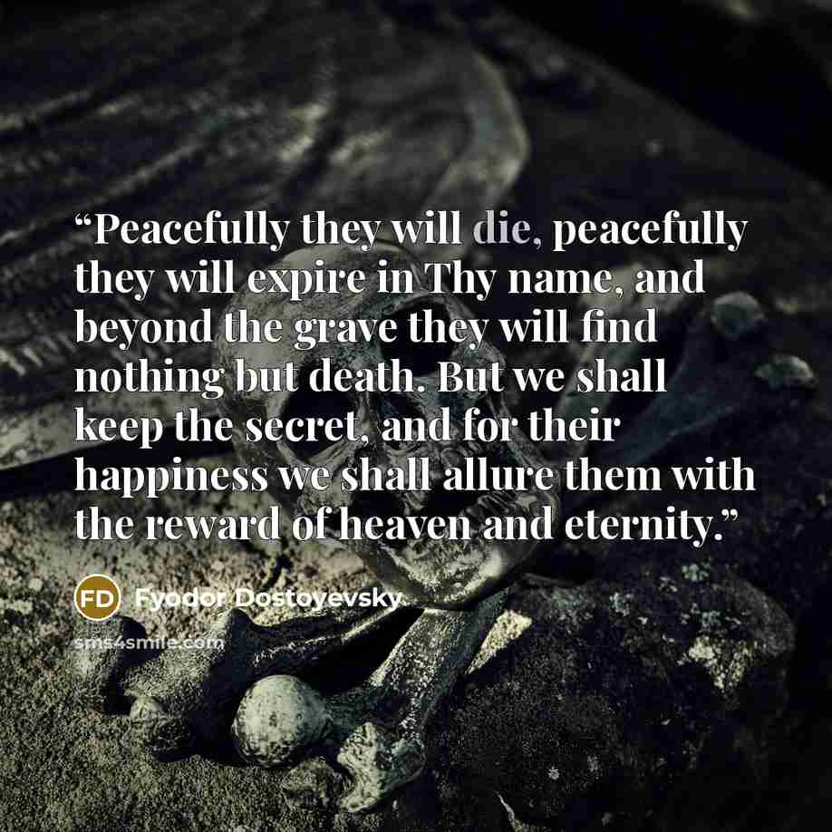 “Peacefully they will die, peacefully they will expire in Thy name, and beyond the grave they will find nothing but death. But we shall keep the secret, and for their happiness we shall allure them with the reward of heaven and eternity.” quote by Fyodor Dostoyevsky