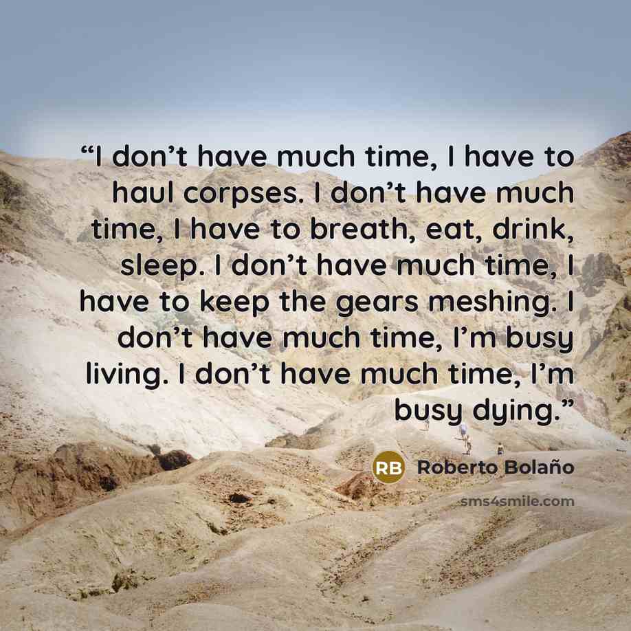 “I don’t have much time, I have to haul corpses. I don’t have much time, I have to breath, eat, drink, sleep. I don’t have much time, I have to keep the gears meshing. I don’t have much time, I’m busy living. I don’t have much time, I’m busy dying.” quote by Roberto Bolaño