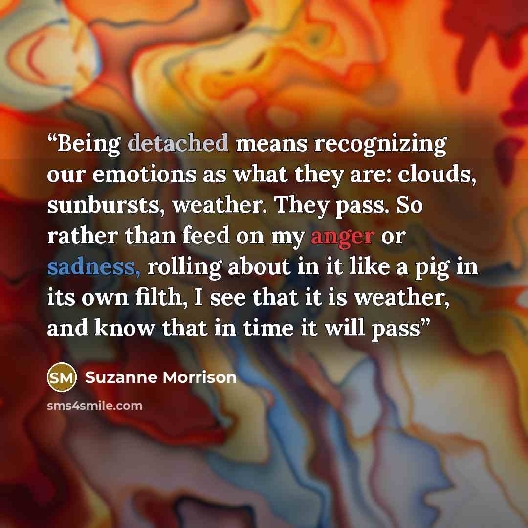“Being detached means recognizing our emotions as what they are: clouds, sunbursts, weather. They pass. So rather than feed on my anger or sadness, rolling about in it like a pig in its own filth, I see that it is weather, and know that in time it will pass” quote by Suzanne Morrison