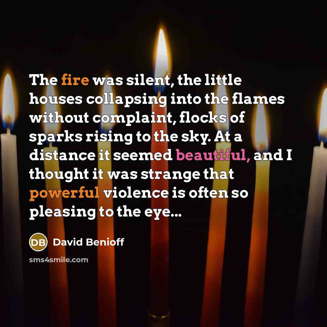 “The fire was silent, the little houses collapsing into the flames without complaint, flocks of sparks rising to the sky. At a distance it seemed beautiful, and I thought it was strange that powerful violence is often so pleasing to the eye...” quote by David Benioff