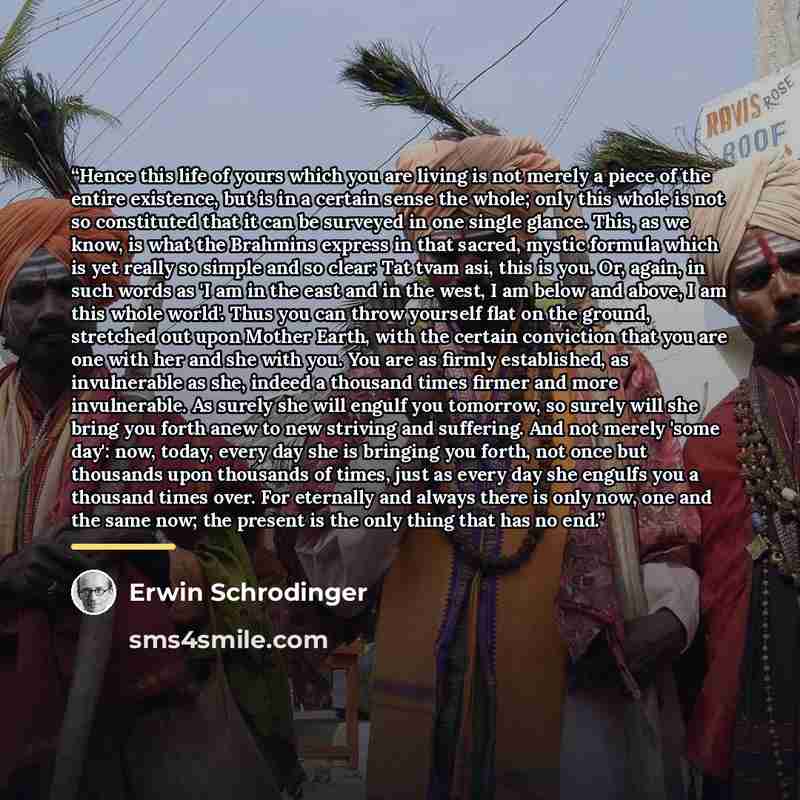 “Hence this life of yours which you are living is not merely a piece of the entire existence, but is in a certain sense the whole; only this whole is not so constituted that it can be surveyed in one single glance. This, as we know, is what the Brahmins express in that sacred, mystic formula which…” quote by Erwin Schrödinger