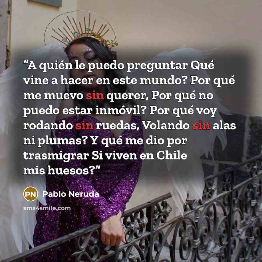 “A quién le puedo preguntar Qué vine a hacer en este mundo? Por qué me muevo sin querer, Por qué no puedo estar inmóvil? Por qué voy rodando sin ruedas, Volando sin alas ni plumas? Y qué me dio por trasmigrar Si viven en Chile mis huesos?” quote by Pablo Neruda