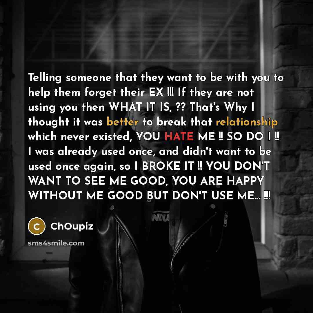 “Telling someone that they want to be with you to help them forget their EX !!! If they are not using you then WHAT IT IS, ?? That's Why I thought it was better to break that relationship which never existed, YOU HATE ME !! SO DO I !! I was already used once, and didn't want to be used once again…” quote by ChOupiz