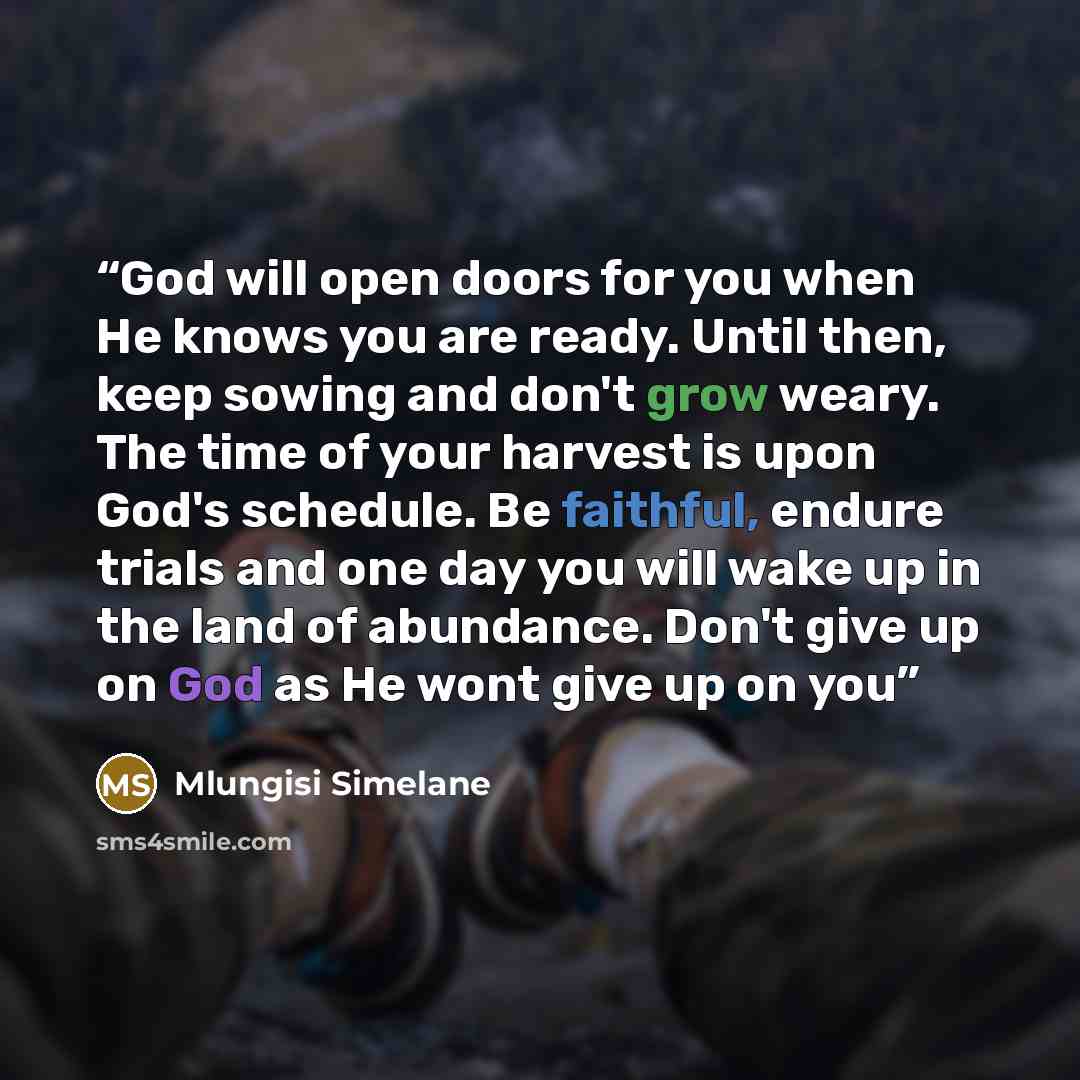“God will open doors for you when He knows you are ready. Until then, keep sowing and don't grow weary. The time of your harvest is upon God's schedule. Be faithful, endure trials and one day you will wake up in the land of abundance. Don't give up on God as He wont give up on you” quote by Mlungisi Simelane