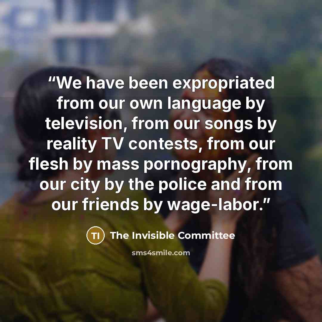 “We have been expropriated from our own language by television, from our songs by reality TV contests, from our flesh by mass pornography, from our city by the police and from our friends by wage-labor.” quote by The Invisible Committee