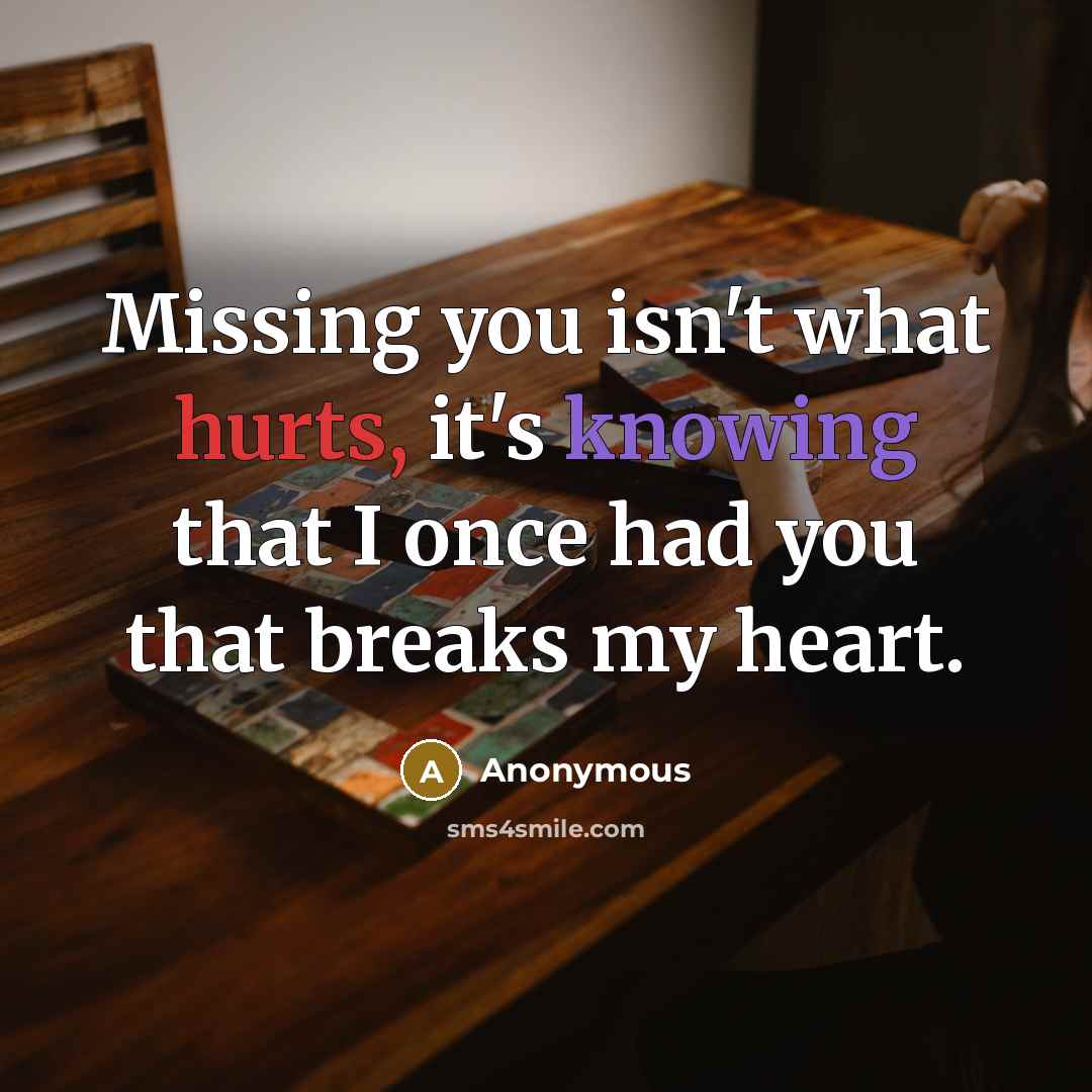 “Missing you isn't what hurts, it's knowing that I once had you that breaks my heart.” quote by Anonymous