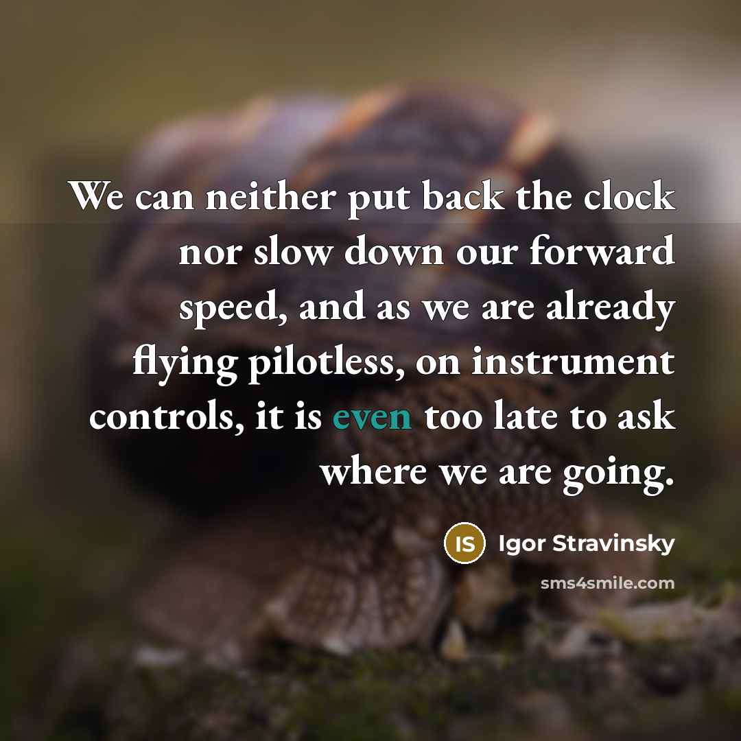 “We can neither put back the clock nor slow down our forward speed, and as we are already flying pilotless, on instrument controls, it is even too late to ask where we are going.” quote by Igor Stravinsky
