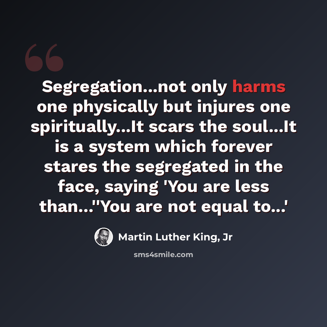 “Segregation...not only harms one physically but injures one spiritually...It scars the soul...It is a system which forever stares the segregated in the face, saying 'You are less than...''You are not equal to...'” quote by Martin Luther King, Jr