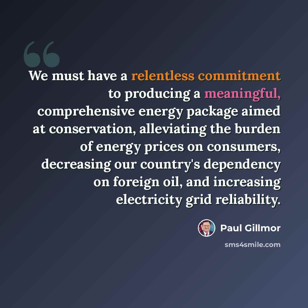 “We must have a relentless commitment to producing a meaningful, comprehensive energy package aimed at conservation, alleviating the burden of energy prices on consumers, decreasing our country's dependency on foreign oil, and increasing electricity grid reliability.” quote by Paul Gillmor