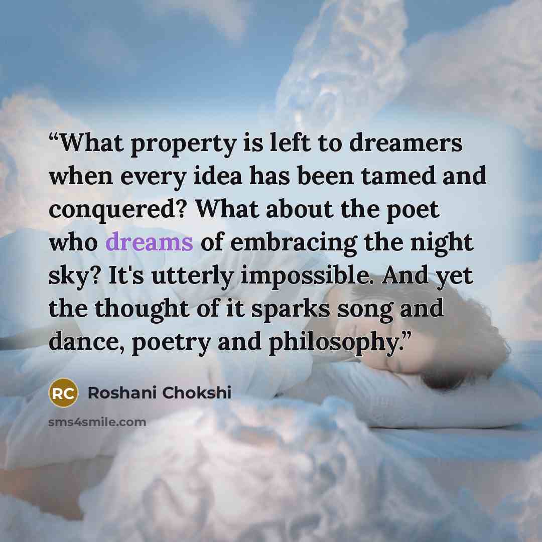 “What property is left to dreamers when every idea has been tamed and conquered? What about the poet who dreams of embracing the night sky? It's utterly impossible. And yet the thought of it sparks song and dance, poetry and philosophy.” quote by Roshani Chokshi