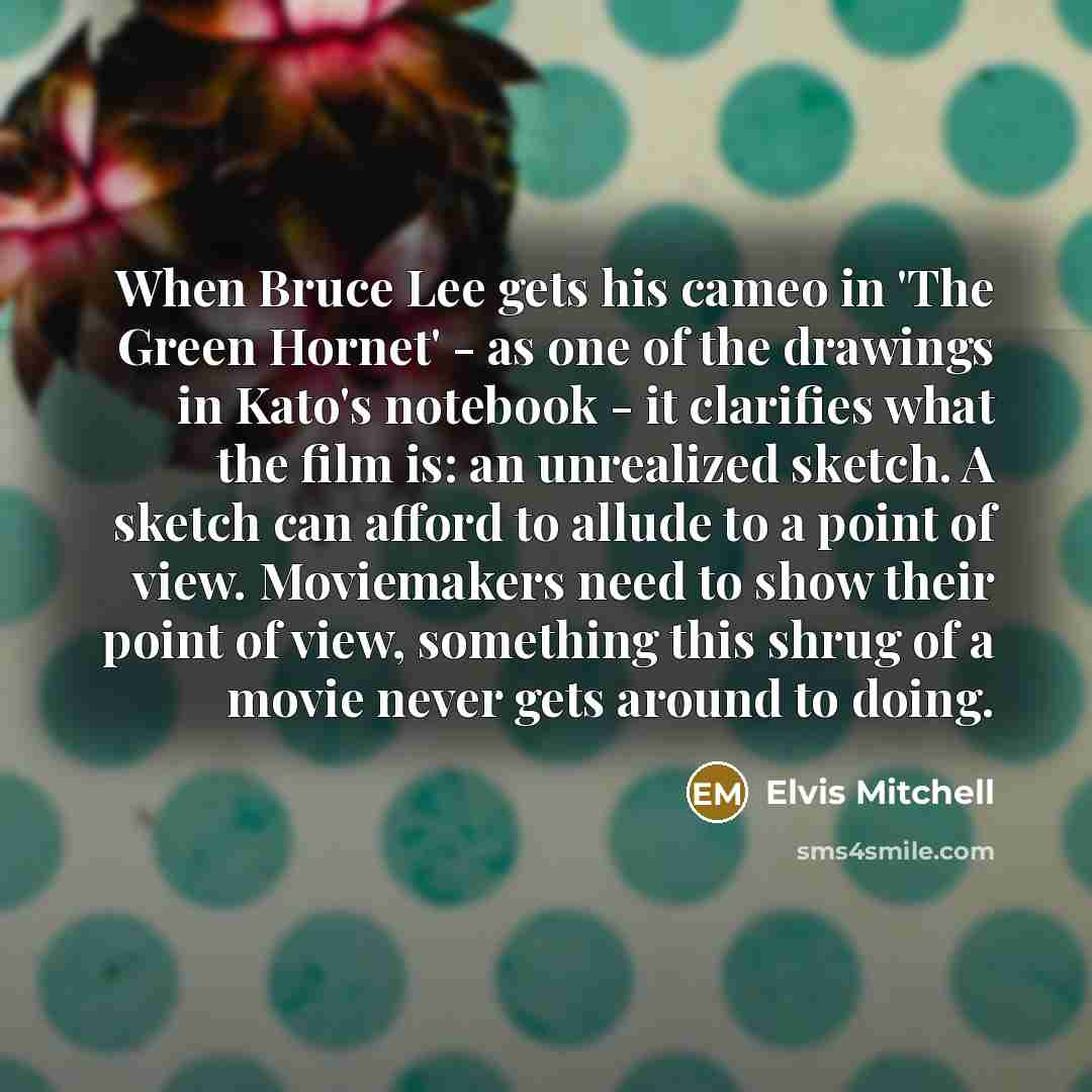 “When Bruce Lee gets his cameo in 'The Green Hornet' - as one of the drawings in Kato's notebook - it clarifies what the film is: an unrealized sketch. A sketch can afford to allude to a point of view. Moviemakers need to show their point of view, something this shrug of a movie never gets around…” quote by Elvis Mitchell
