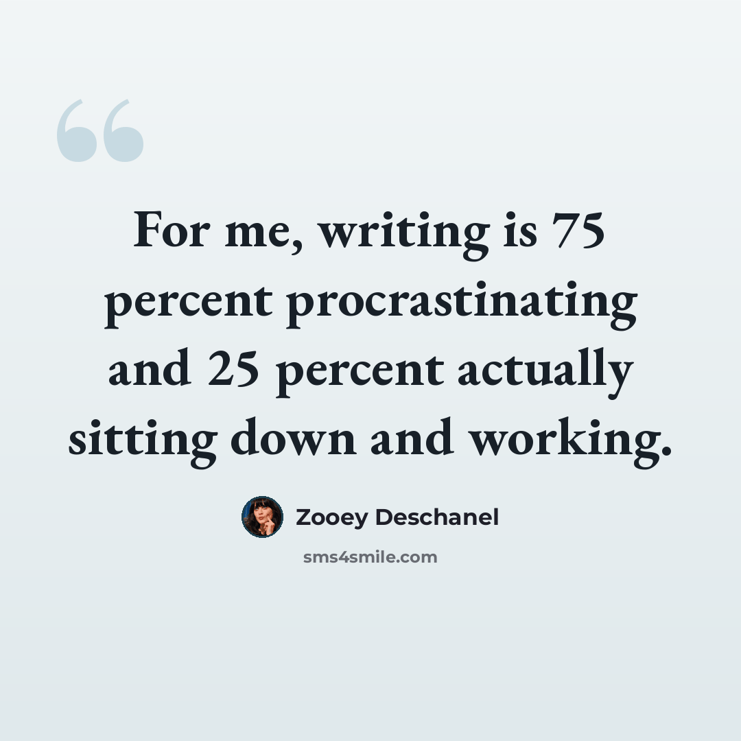 “For me, writing is 75 percent procrastinating and 25 percent actually sitting down and working.” quote by Zooey Deschanel