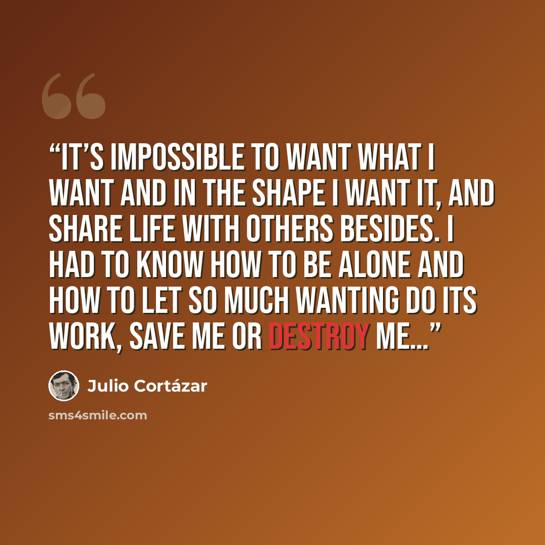 “It’s impossible to want what I want and in the shape I want it, and share life with others besides. I had to know how to be alone and how to let so much wanting do its work, save me or destroy me…” quote by Julio Cortázar