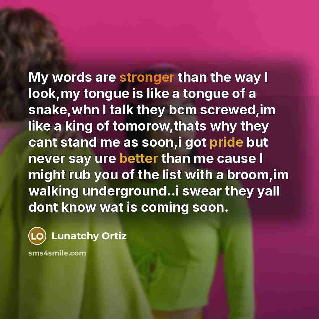 “My words are stronger than the way I look,my tongue is like a tongue of a snake,whn I talk they bcm screwed,im like a king of tomorow,thats why they cant stand me as soon,i got pride but never say ure better than me cause I might rub you of the list with a broom,im walking underground..i swear…” quote by Lunatchy Ortiz