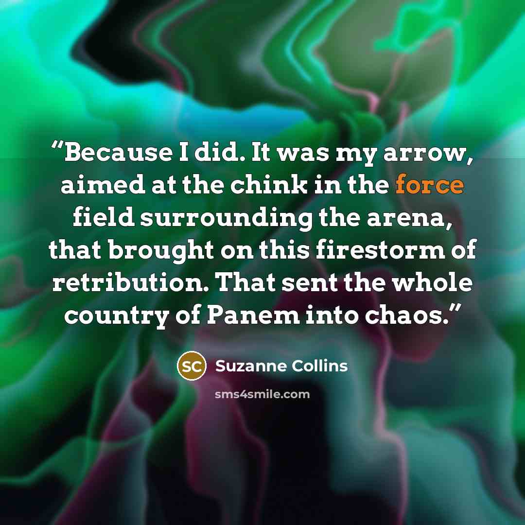 “Because I did. It was my arrow, aimed at the chink in the force field surrounding the arena, that brought on this firestorm of retribution. That sent the whole country of Panem into chaos.” quote by Suzanne Collins