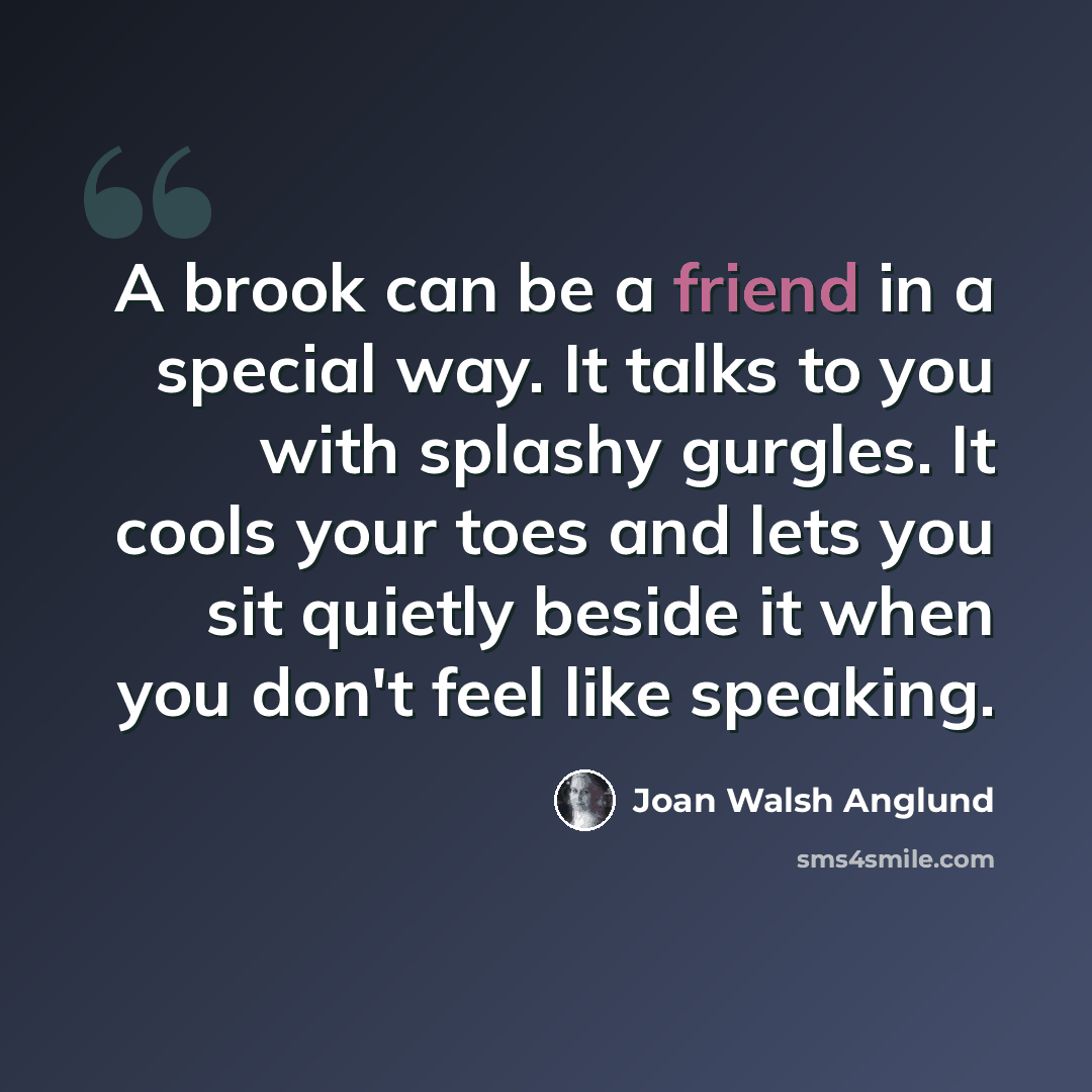“A brook can be a friend in a special way. It talks to you with splashy gurgles. It cools your toes and lets you sit quietly beside it when you don't feel like speaking.” quote by Joan Walsh Anglund