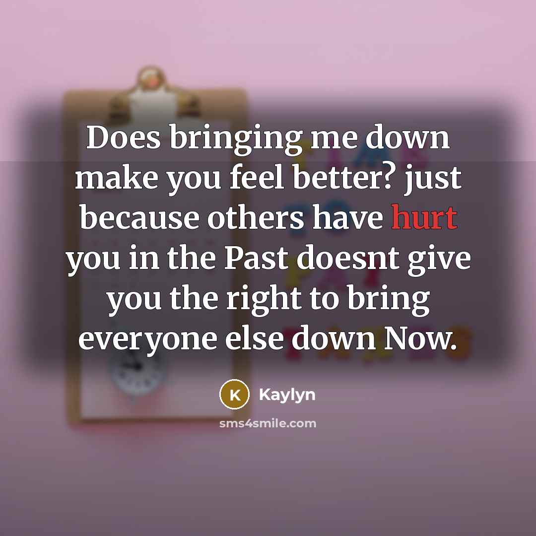 “Does bringing me down make you feel better? just because others have hurt you in the Past doesnt give you the right to bring everyone else down Now.” quote by Kaylyn