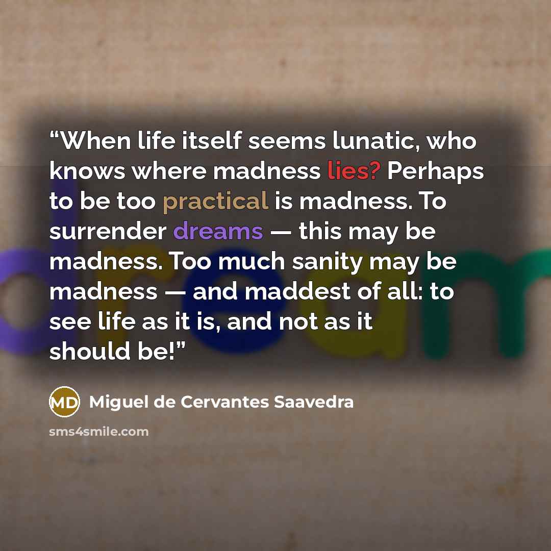 “When life itself seems lunatic, who knows where madness lies? Perhaps to be too practical is madness. To surrender dreams — this may be madness. Too much sanity may be madness — and maddest of all: to see life as it is, and not as it should be!” quote by Miguel de Cervantes Saavedra