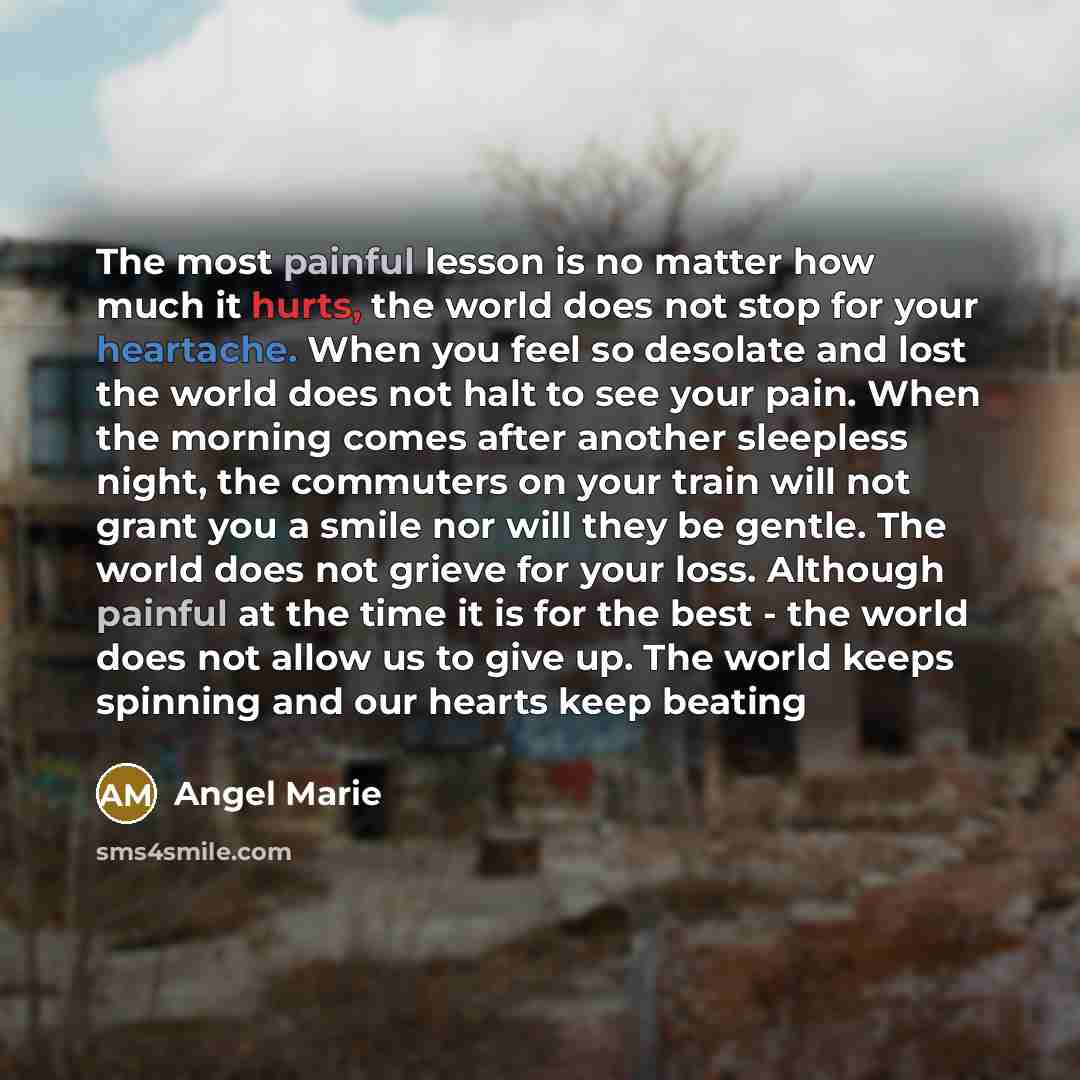 “The most painful lesson is no matter how much it hurts, the world does not stop for your heartache. When you feel so desolate and lost the world does not halt to see your pain. When the morning comes after another sleepless night, the commuters on your train will not grant you a smile nor will…” quote by Angel Marie