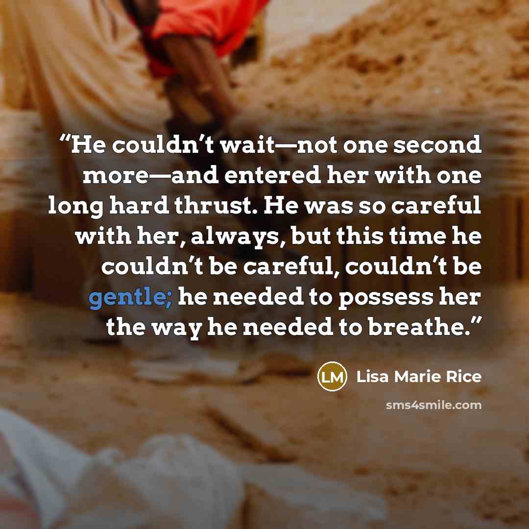 “He couldn’t wait—not one second more—and entered her with one long hard thrust. He was so careful with her, always, but this time he couldn’t be careful, couldn’t be gentle; he needed to possess her the way he needed to breathe.” quote by Lisa Marie Rice