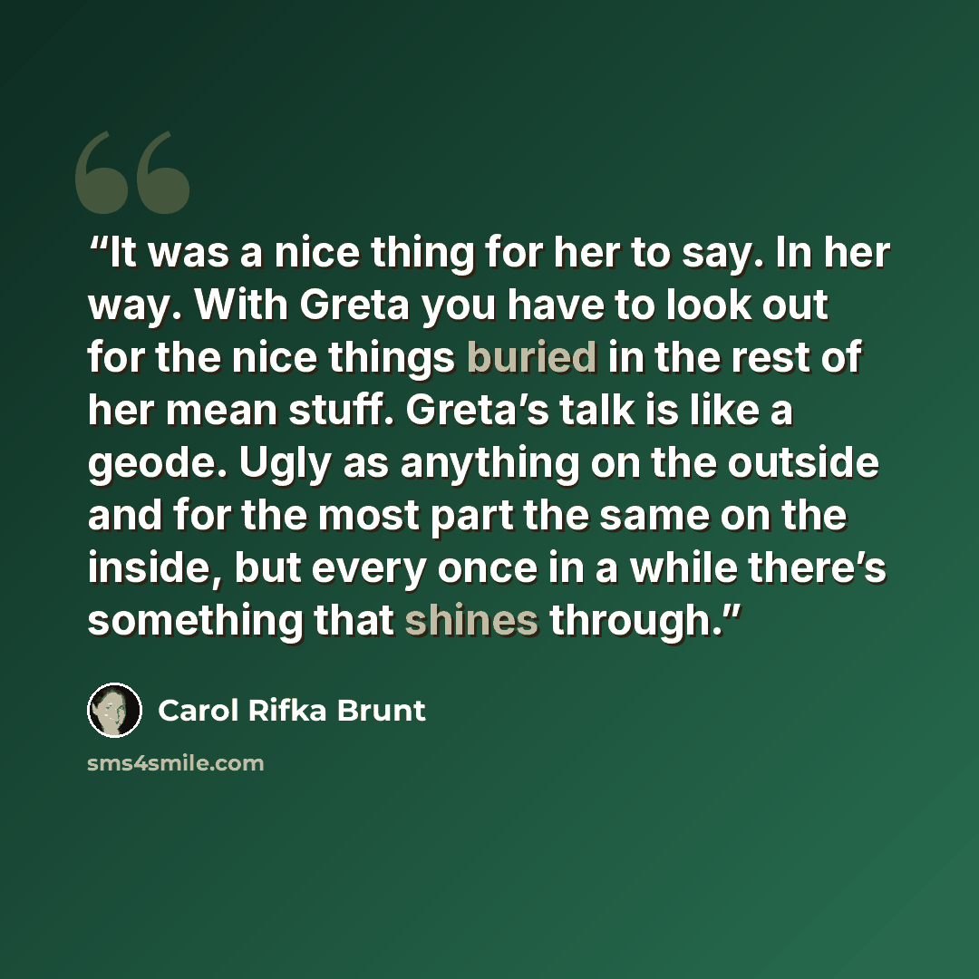 “It was a nice thing for her to say. In her way. With Greta you have to look out for the nice things buried in the rest of her mean stuff. Greta’s talk is like a geode. Ugly as anything on the outside and for the most part the same on the inside, but every once in a while there’s something that…” quote by Carol Rifka Brunt