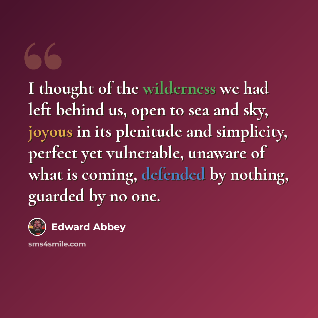 “I thought of the wilderness we had left behind us, open to sea and sky, joyous in its plenitude and simplicity, perfect yet vulnerable, unaware of what is coming, defended by nothing, guarded by no one.” quote by Edward Abbey