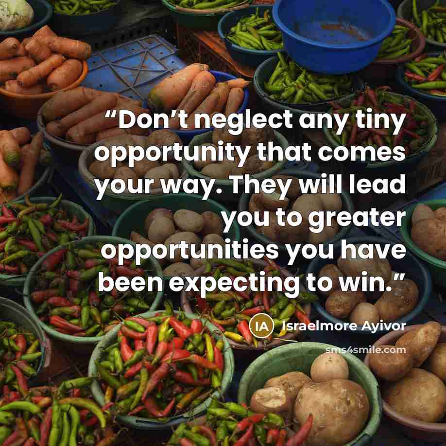 “Don’t neglect any tiny opportunity that comes your way. They will lead you to greater opportunities you have been expecting to win.” quote by Israelmore Ayivor