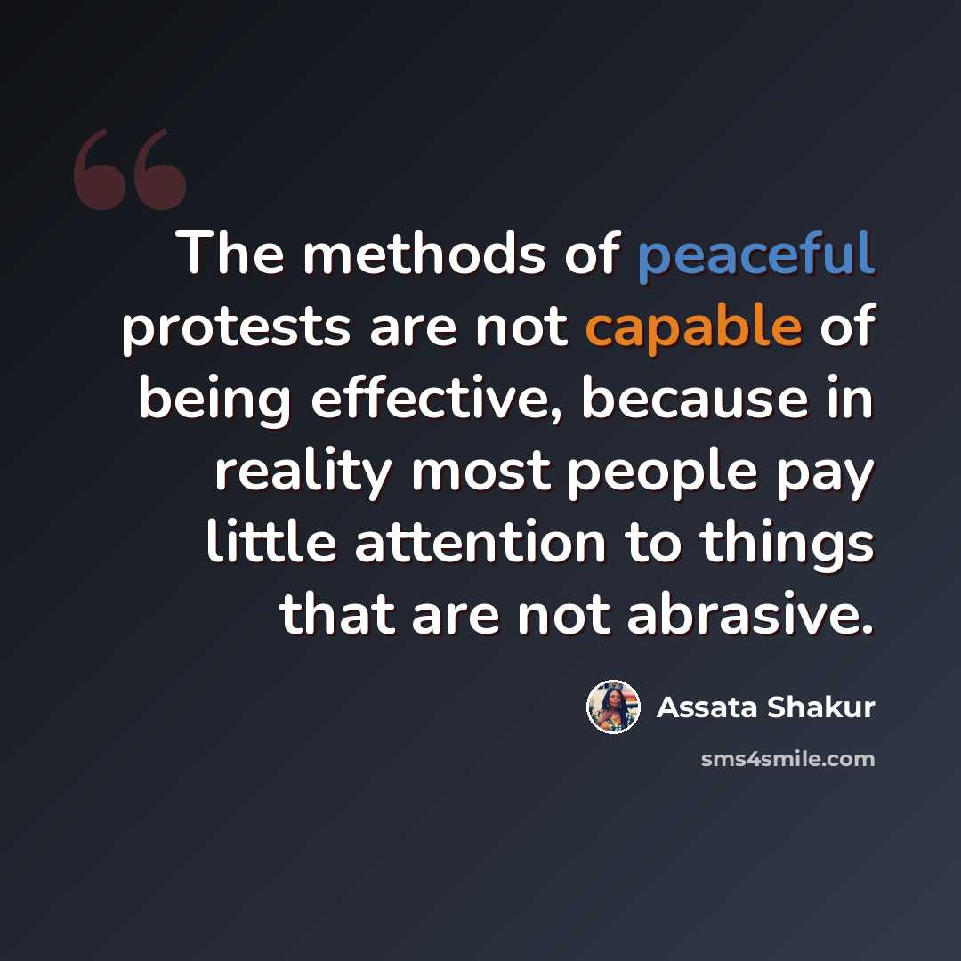 “The methods of peaceful protests are not capable of being effective, because in reality most people pay little attention to things that are not abrasive.” quote by Assata Shakur
