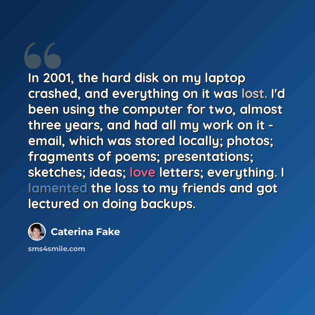 “In 2001, the hard disk on my laptop crashed, and everything on it was lost. I'd been using the computer for two, almost three years, and had all my work on it - email, which was stored locally; photos; fragments of poems; presentations; sketches; ideas; love letters; everything. I lamented the…” quote by Caterina Fake