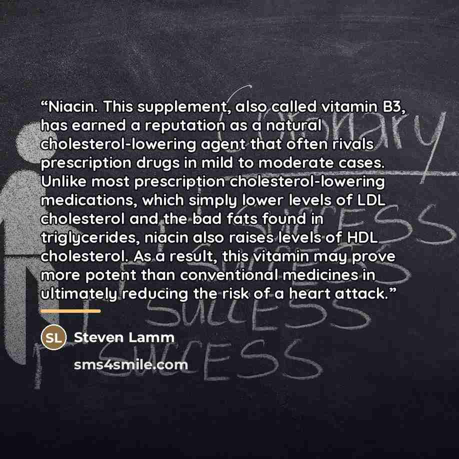 “Niacin. This supplement, also called vitamin B3, has earned a reputation as a natural cholesterol-lowering agent that often rivals prescription drugs in mild to moderate cases. Unlike most prescription cholesterol-lowering medications, which simply lower levels of LDL cholesterol and the bad fats…” quote by Steven Lamm