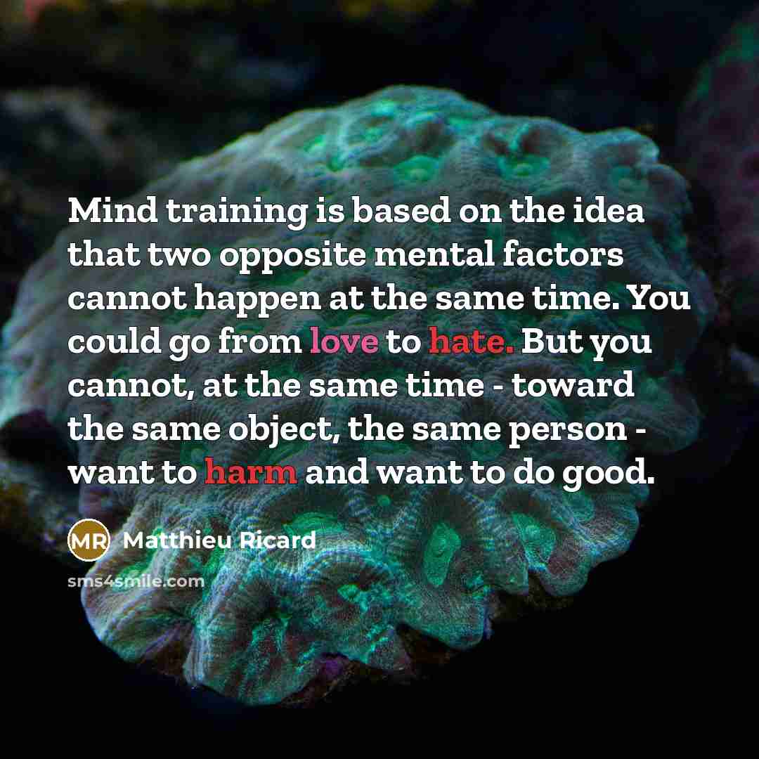 “Mind training is based on the idea that two opposite mental factors cannot happen at the same time. You could go from love to hate. But you cannot, at the same time - toward the same object, the same person - want to harm and want to do good.” quote by Matthieu Ricard
