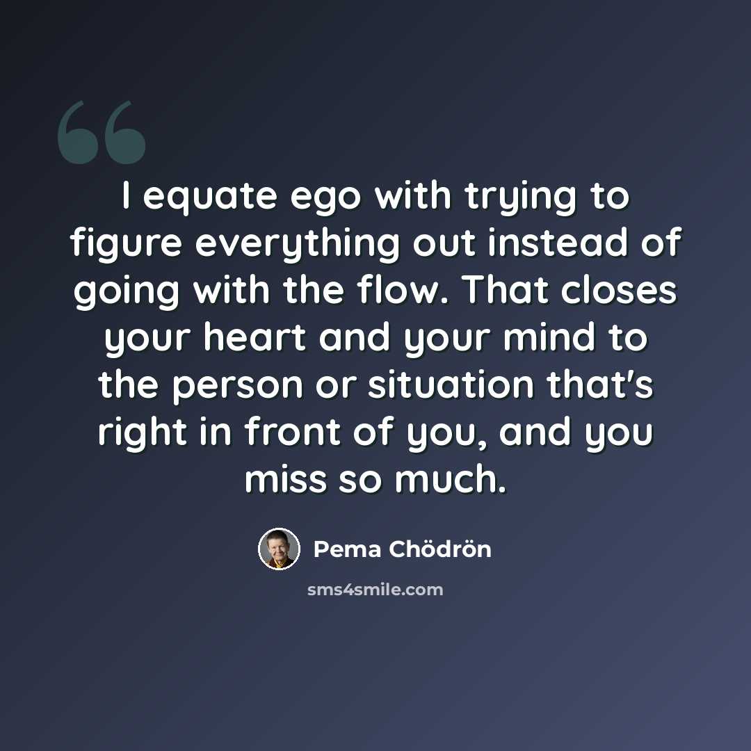 “I equate ego with trying to figure everything out instead of going with the flow. That closes your heart and your mind to the person or situation that's right in front of you, and you miss so much.” quote by Pema Chodron