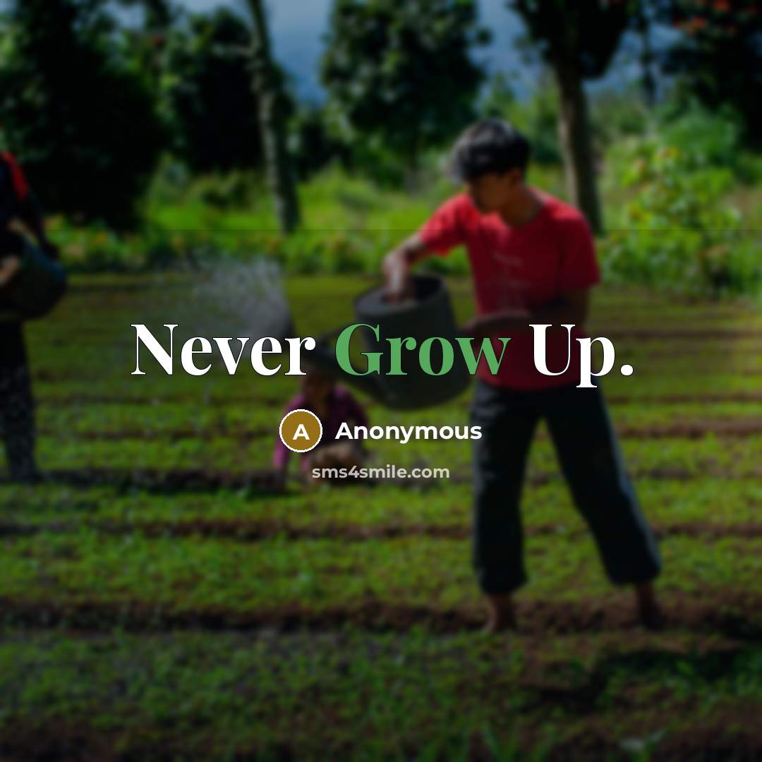 “Never Grow Up.” quote by Anonymous