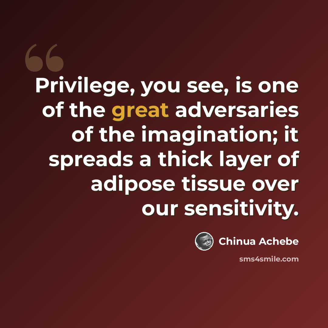 “Privilege, you see, is one of the great adversaries of the imagination; it spreads a thick layer of adipose tissue over our sensitivity.” quote by Chinua Achebe