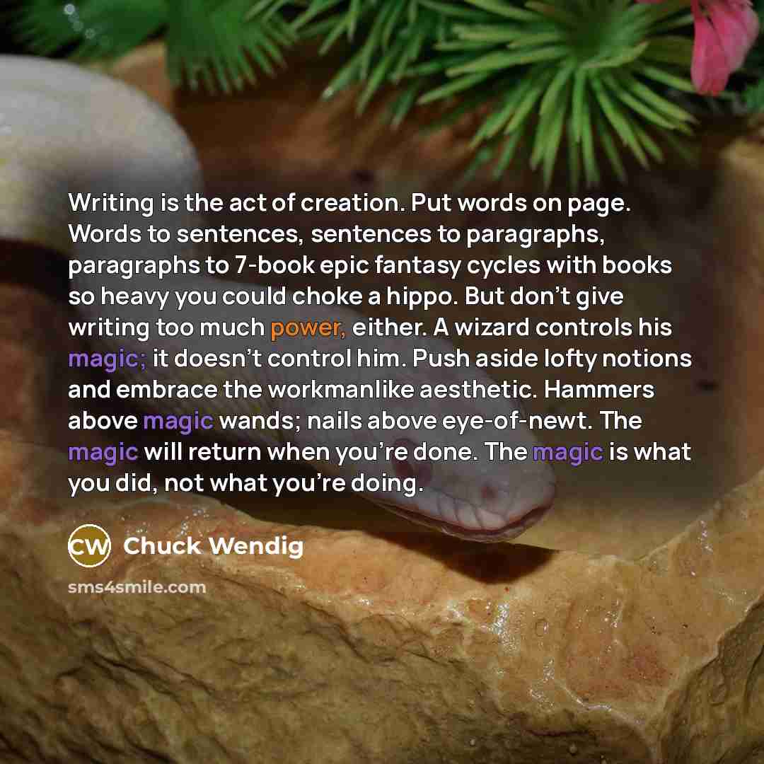 “Writing is the act of creation. Put words on page. Words to sentences, sentences to paragraphs, paragraphs to 7-book epic fantasy cycles with books so heavy you could choke a hippo. But don't give writing too much power, either. A wizard controls his magic; it doesn't control him. Push aside lofty…” quote by Chuck Wendig