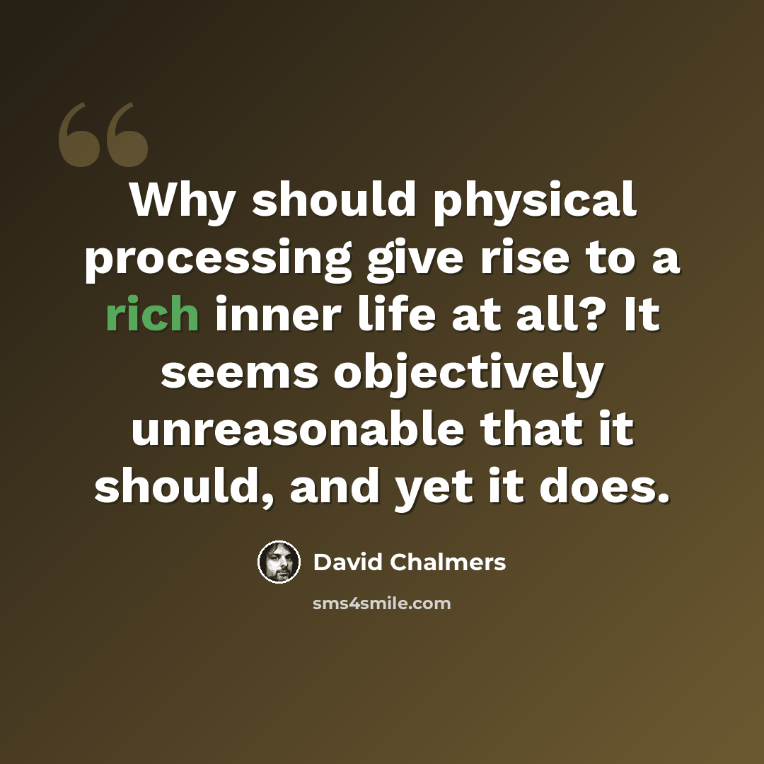 “Why should physical processing give rise to a rich inner life at all? It seems objectively unreasonable that it should, and yet it does.” quote by David Chalmers