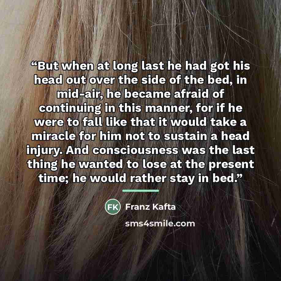 “But when at long last he had got his head out over the side of the bed, in mid-air, he became afraid of continuing in this manner, for if he were to fall like that it would take a miracle for him not to sustain a head injury. And consciousness was the last thing he wanted to lose at the present…” quote by Franz Kafta