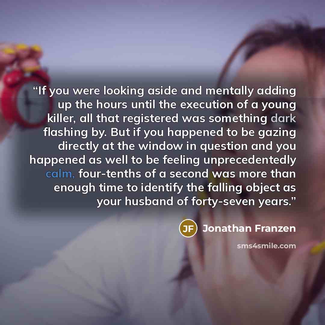 “If you were looking aside and mentally adding up the hours until the execution of a young killer, all that registered was something dark flashing by. But if you happened to be gazing directly at the window in question and you happened as well to be feeling unprecedentedly calm, four-tenths of a…” quote by Jonathan Franzen