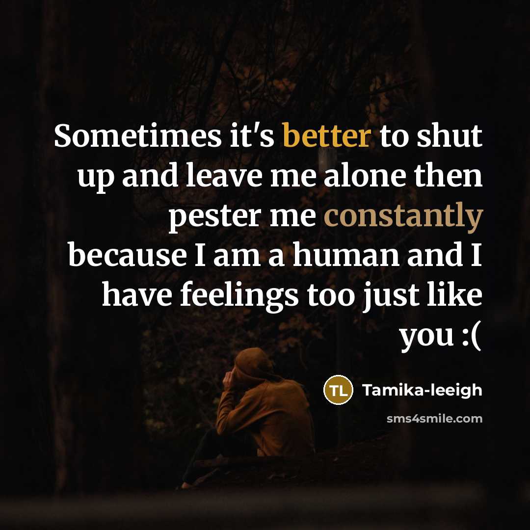 “Sometimes it's better to shut up and leave me alone then pester me constantly because I am a human and I have feelings too just like you :(” quote by Tamika-leeigh