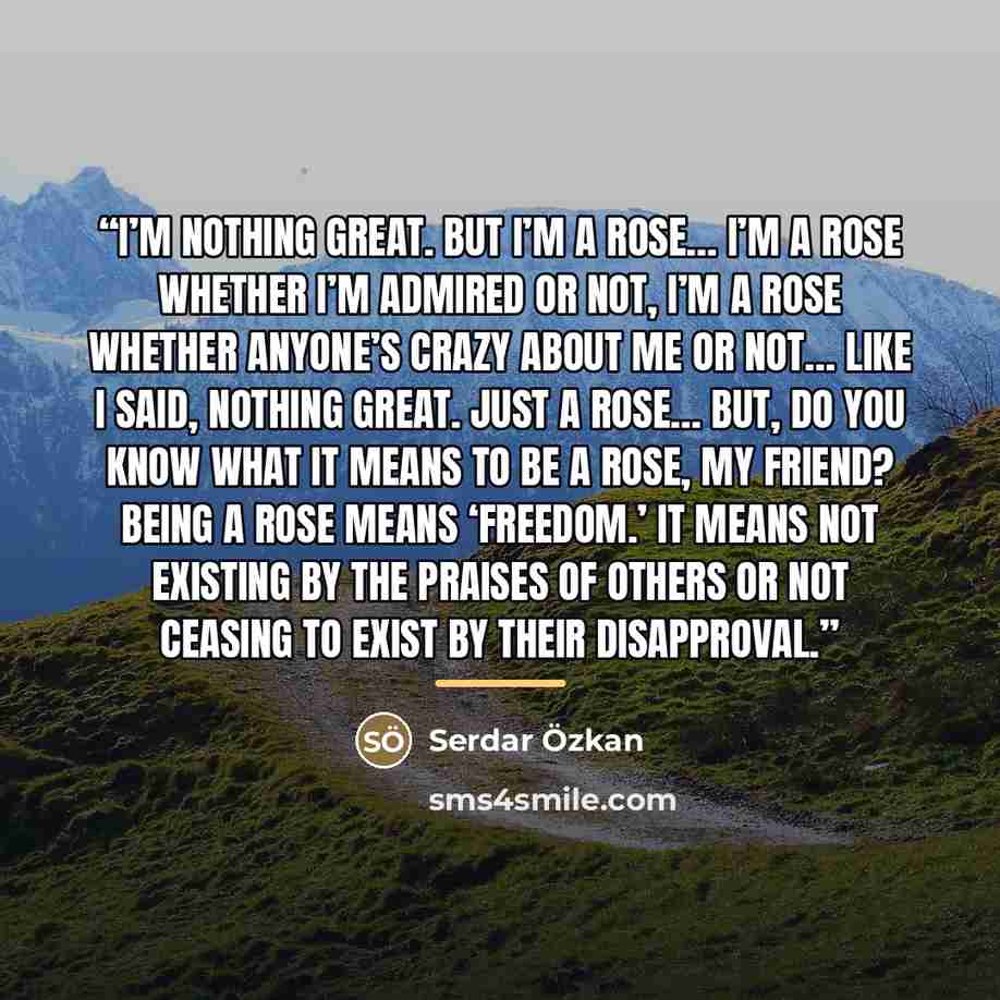 “I’m nothing great. But I’m a rose… I’m a rose whether I’m admired or not, I’m a rose whether anyone’s crazy about me or not… Like I said, nothing great. Just a rose… But, do you know what it means to be a rose, my friend? Being a rose means ‘freedom.’ It means not existing by the praises of Others…” quote by Serdar Özkan
