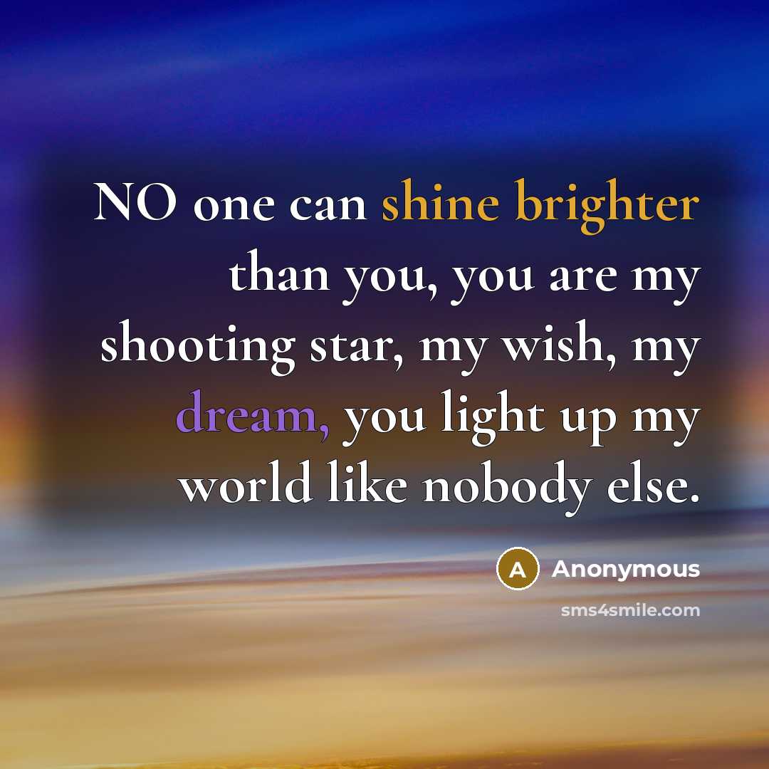 “NO one can shine brighter than you, you are my shooting star, my wish, my dream, you light up my world like nobody else.” quote by Anonymous