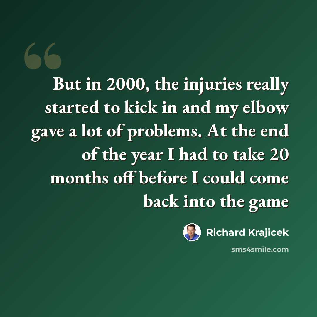 “But in 2000, the injuries really started to kick in and my elbow gave a lot of problems. At the end of the year I had to take 20 months off before I could come back into the game” quote by Richard Krajicek