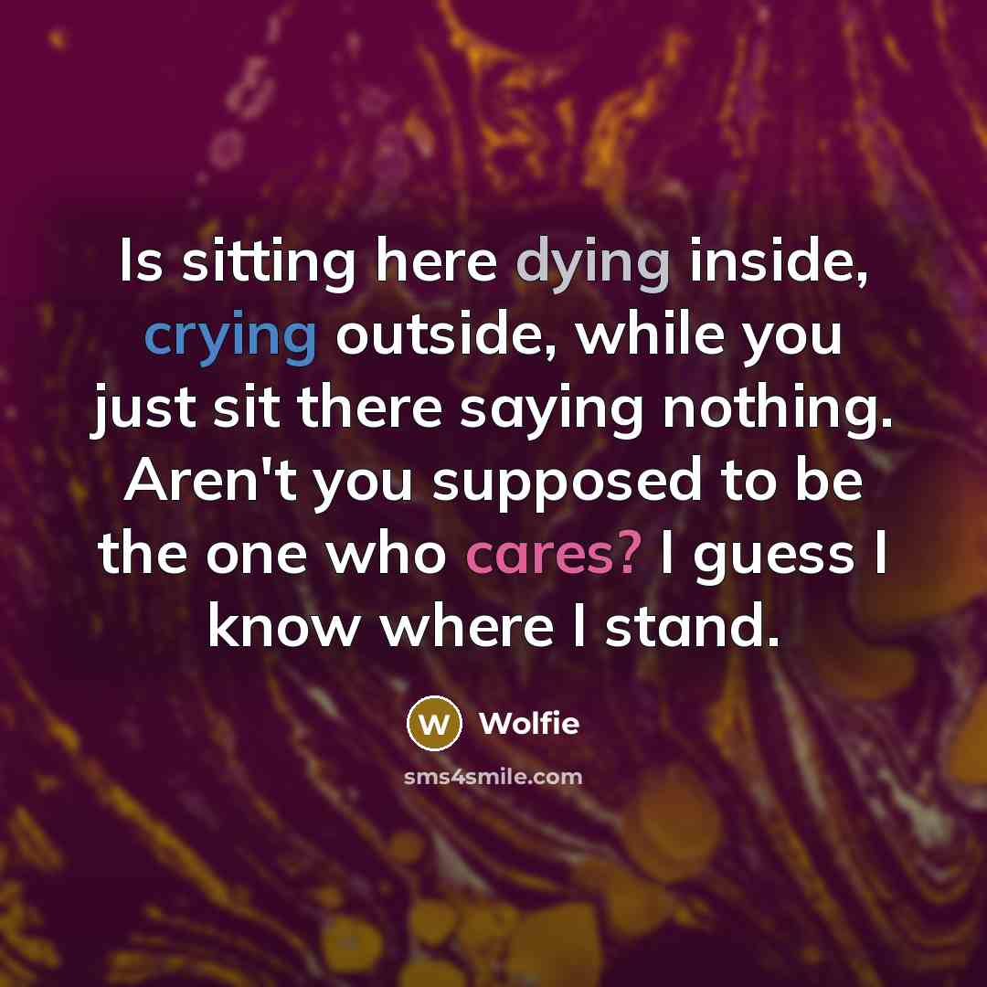 “Is sitting here dying inside, crying outside, while you just sit there saying nothing. Aren't you supposed to be the one who cares? I guess I know where I stand.” quote by Wolfie