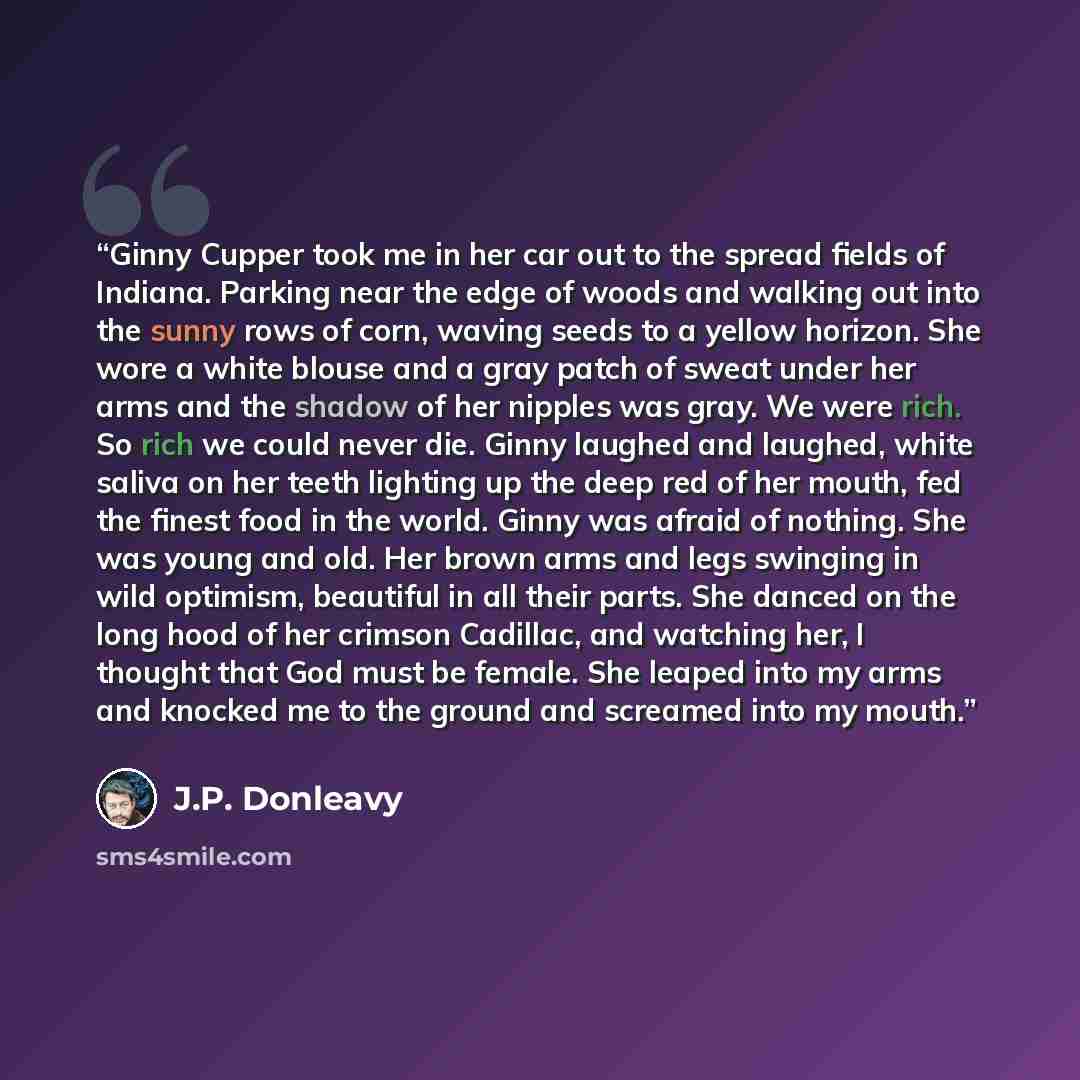 “Ginny Cupper took me in her car out to the spread fields of Indiana. Parking near the edge of woods and walking out into the sunny rows of corn, waving seeds to a yellow horizon. She wore a white blouse and a gray patch of sweat under her arms and the shadow of her nipples was gray. We were rich…” quote by J.P. Donleavy