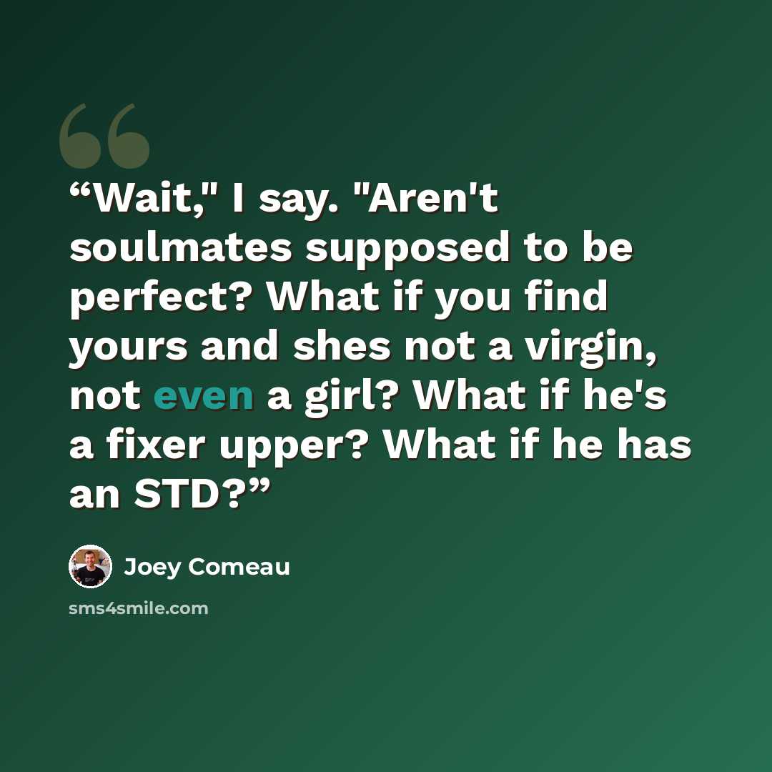 “Wait," I say. "Aren't soulmates supposed to be perfect? What if you find yours and shes not a virgin, not even a girl? What if he's a fixer upper? What if he has an STD?” quote by Joey Comeau