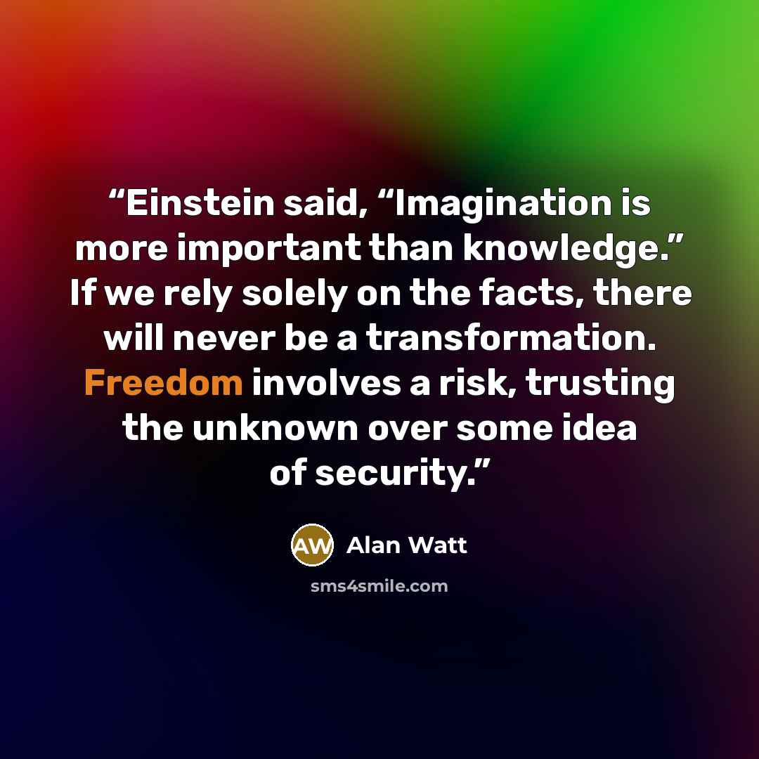 “Einstein said, “Imagination is more important than knowledge.” If we rely solely on the facts, there will never be a transformation. Freedom involves a risk, trusting the unknown over some idea of security.” quote by Alan Watt