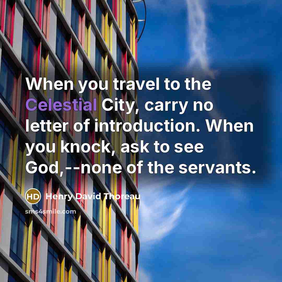 “When you travel to the Celestial City, carry no letter of introduction. When you knock, ask to see God,--none of the servants.” quote by Henry David Thoreau