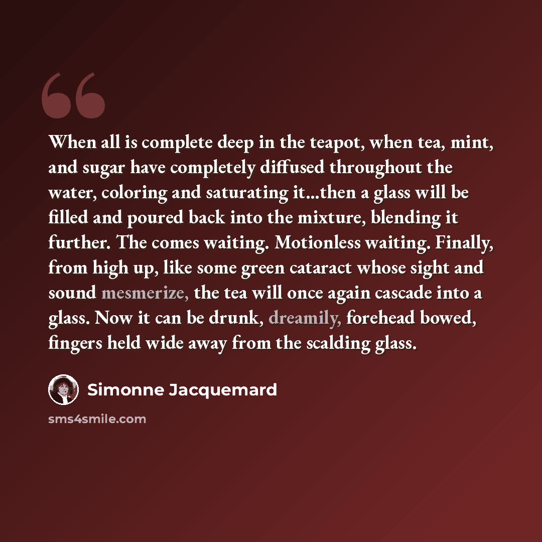 “When all is complete deep in the teapot, when tea, mint, and sugar have completely diffused throughout the water, coloring and saturating it...then a glass will be filled and poured back into the mixture, blending it further. The comes waiting. Motionless waiting. Finally, from high up, like some…” quote by Simonne Jacquemard