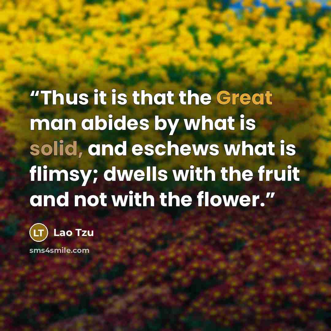 “Thus it is that the Great man abides by what is solid, and eschews what is flimsy; dwells with the fruit and not with the flower.” quote by Lao Tzu