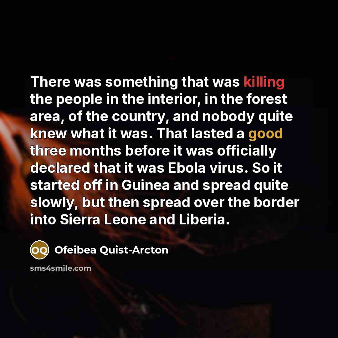 “There was something that was killing the people in the interior, in the forest area, of the country, and nobody quite knew what it was. That lasted a good three months before it was officially declared that it was Ebola virus. So it started off in Guinea and spread quite slowly, but then spread…” quote by Ofeibea Quist-Arcton